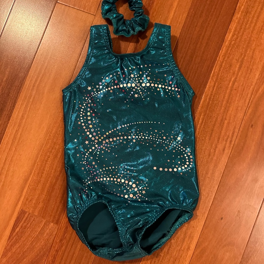 Look-It Gymnastics Dance Leotard W/ Scrunchy Blue & Silver S 3/4 - Like New!